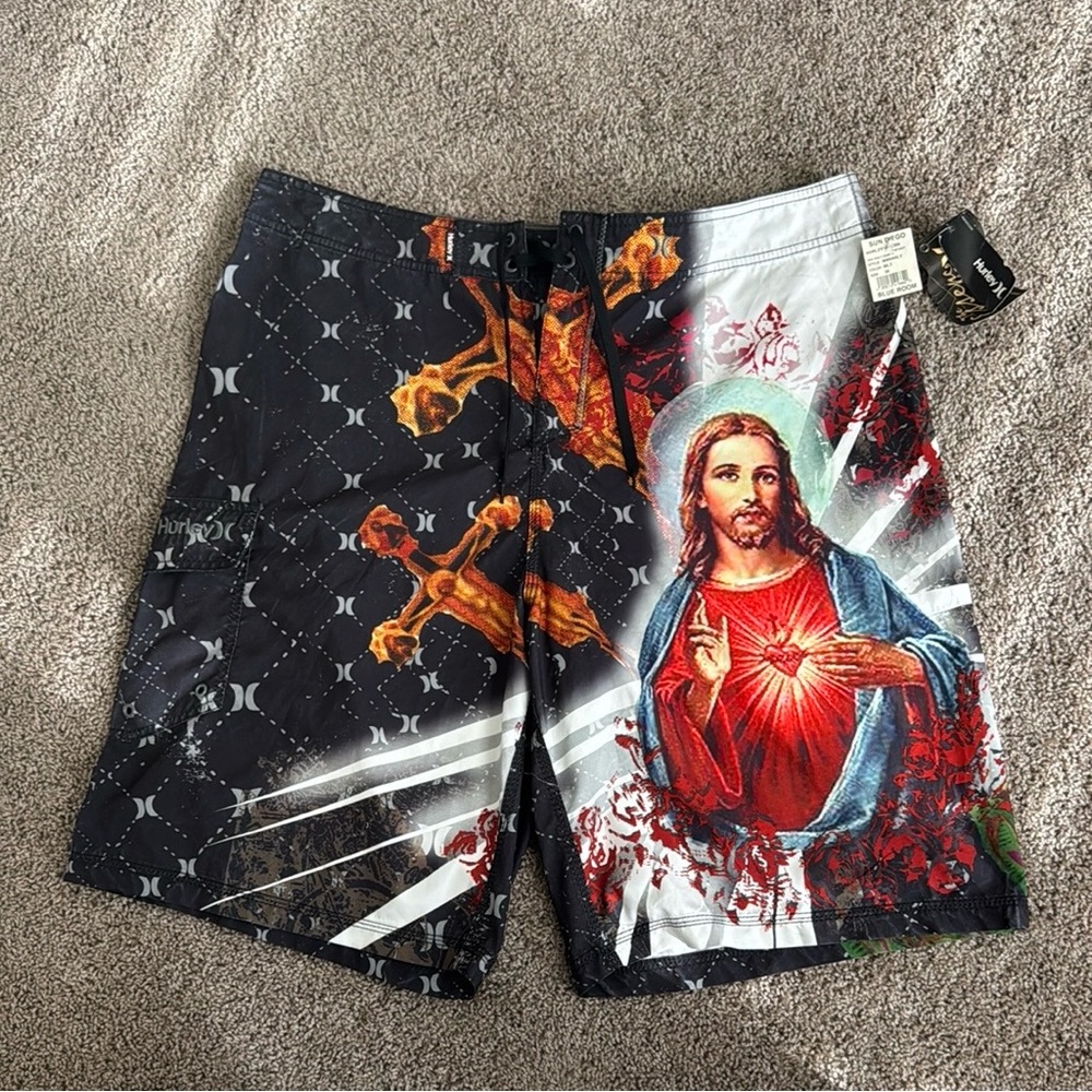 Men’s 38/XL Hurley Holy Surf Phantom Board Shorts with Goth Religious Design